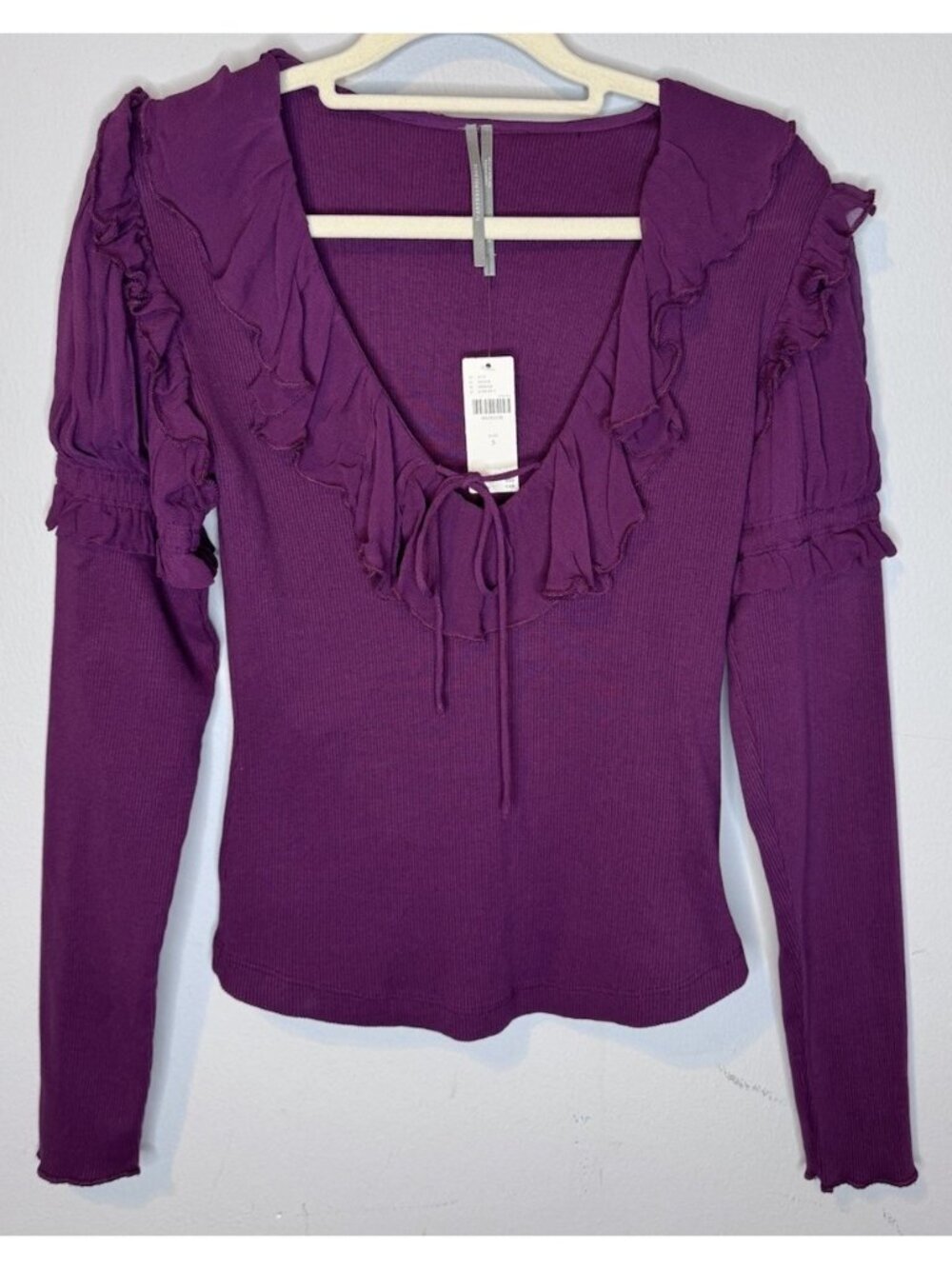 Anthropologie Top Small New Purple Ruffle Long Sleeve Ribbed Deep V Neck